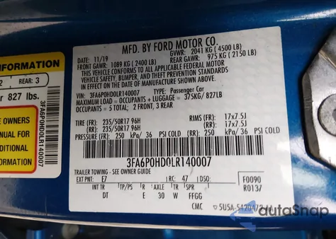 2020 Ford Fusion Se из США, поврежденный, VIN 3FA6P0HD0LR140007